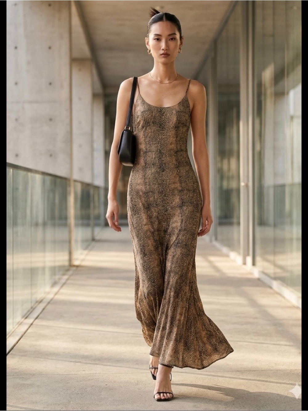 Stone Row Sleeveless Brown Animal-Print Slip Fairy Minimalist Maxi Boho Dress S